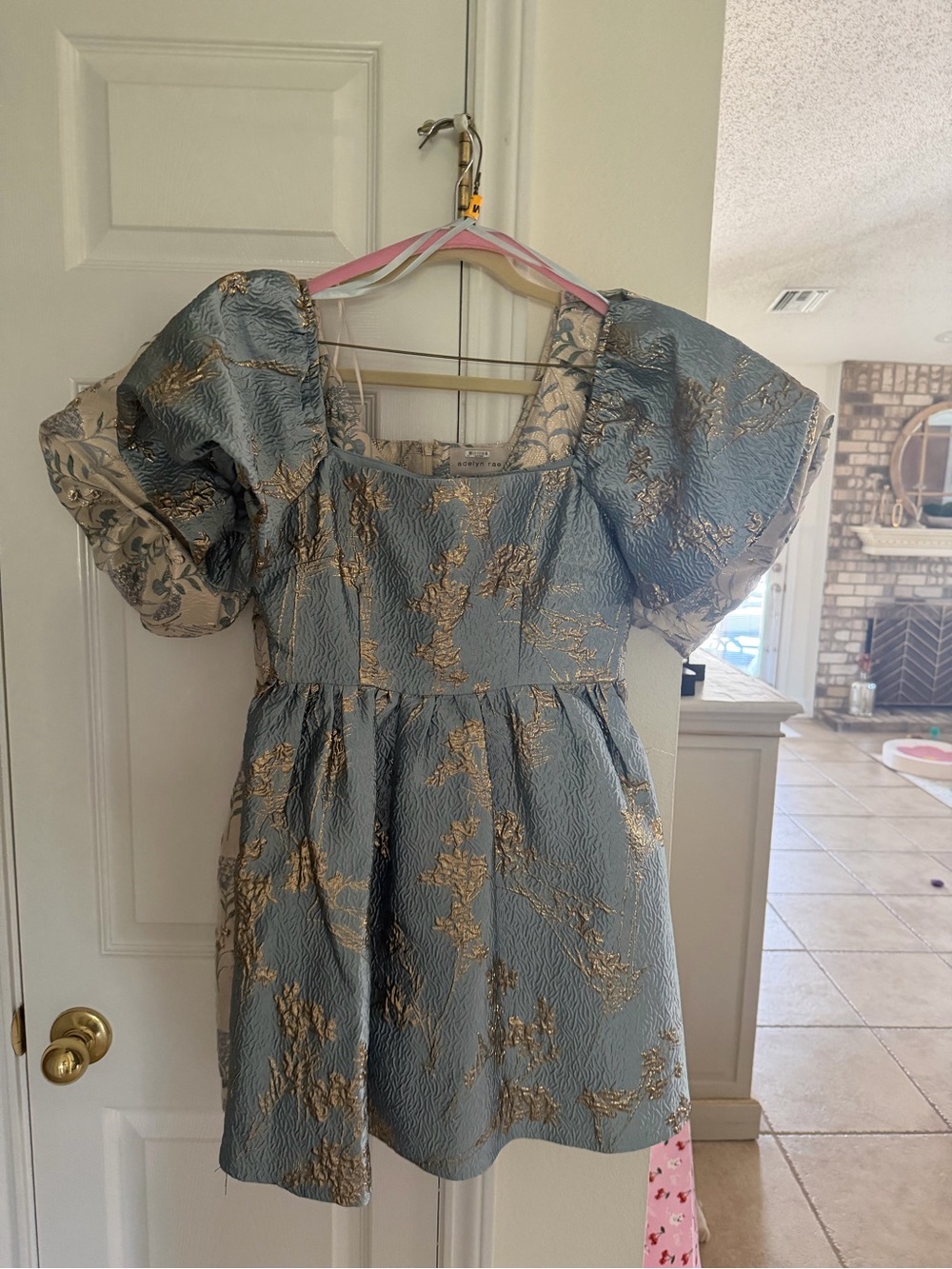 Elliatt Powder Blue Brocade Puff-Sleeve Mini Dress with Gold Accents